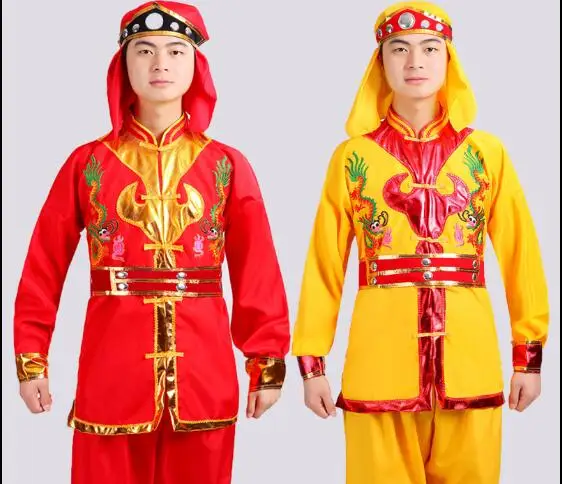 Chinese Dragon Dance Playing Drum Men Performances Clothing Traditional Suit Yangko