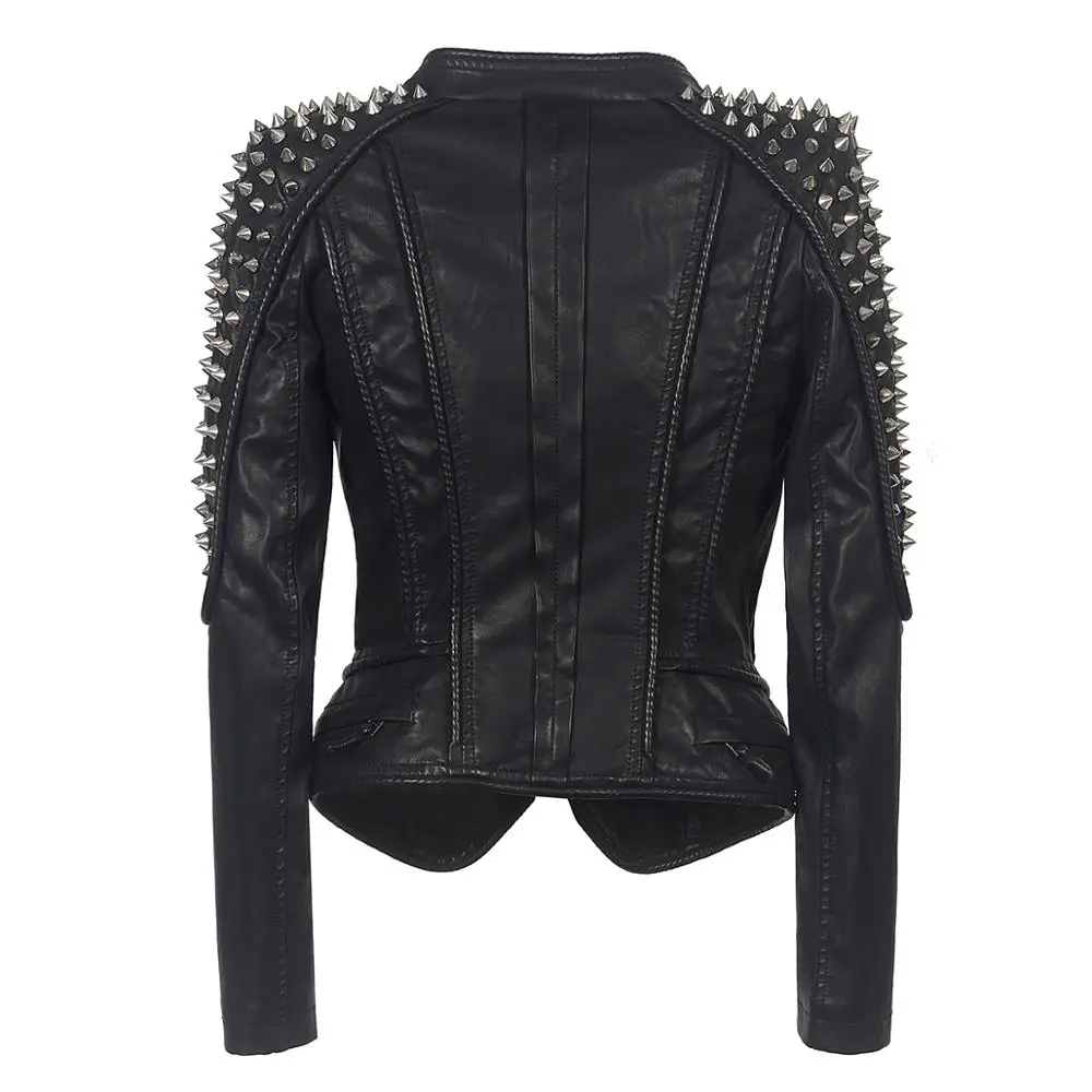 SX Punk Rivet faux leather PU Jacket Women fashion Winter Autumn Motorcycle Jacket Black Windbreak Coat Outerwear