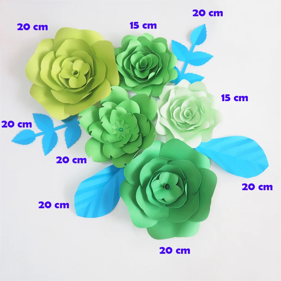 DIY Giant Paper Flowers Artificial Rose Fleurs Artificielles Backdrop 5pcs+ 4 Leave Wedding Party Decor Nursery Mix Light Green