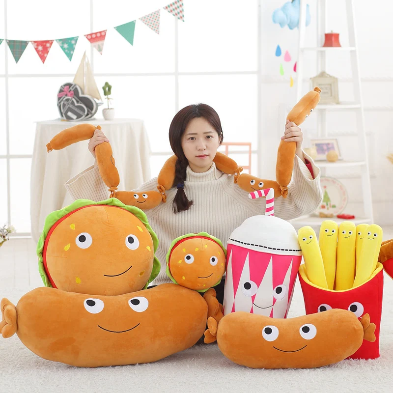 1pc Lovely Lifelike Food Plush Pillow Toys Soft Pizza Hamburger Fries Sausage Milk Tea Pillows Cushions Creative Gifts for Girls