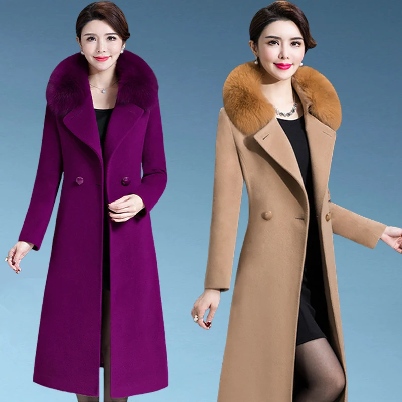 M-5XL Women Wool Blends Coat Autumn Winter 2024 Fashion Mother Fox Fur Collar Thicken Woolen Jacket Long Outerwear Tops Female