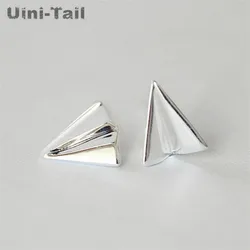 Uini-tail-pendientes pequeños de plata tibetana, aretes pequeños con forma de avión de papel de aire fresco, tendencia de moda hipoalergénica, novedad de 925