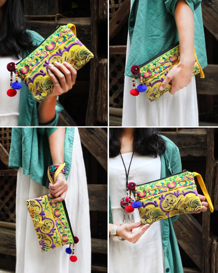 Haxi.Hani pochette da donna borsa con cerniera in tela etnica Hmong ricamo portafoglio carino borsa portamonete Vintage borsa per cellulare