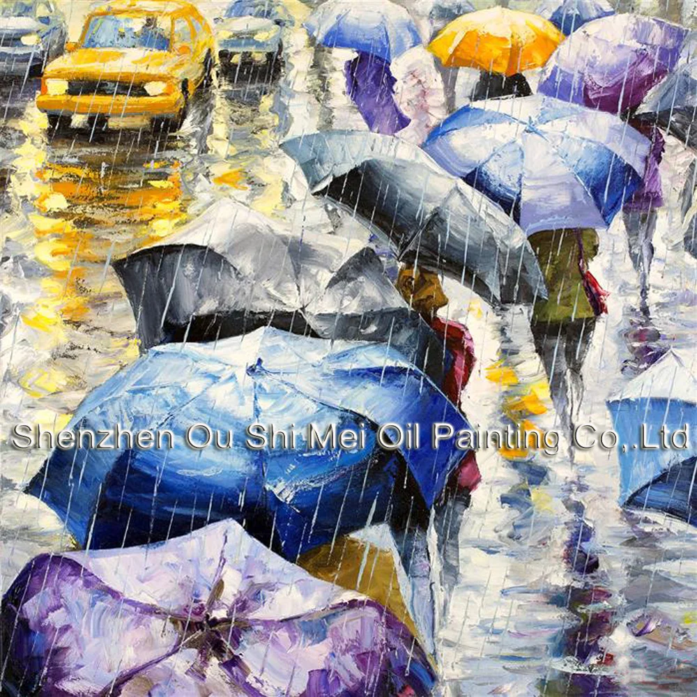 Hand painted Rain Road Landscape Painting on Canvas New York Street Under The Rain Scenery Umbrella Painting for Wall Decor