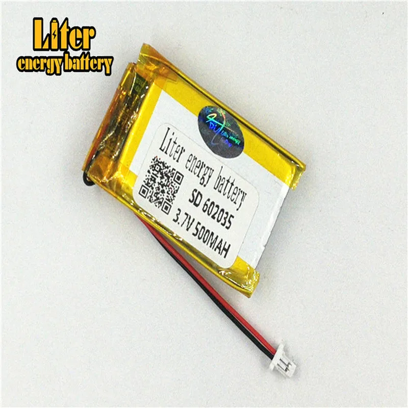 Connettore a 2 pin da 1,0 mm 3,7 V 602035   Batteria lipo ricaricabile da 500 mAh e-book GPS PDA batteria ai polimeri di litio MP3 MP4 MP5 piccoli giocattoli