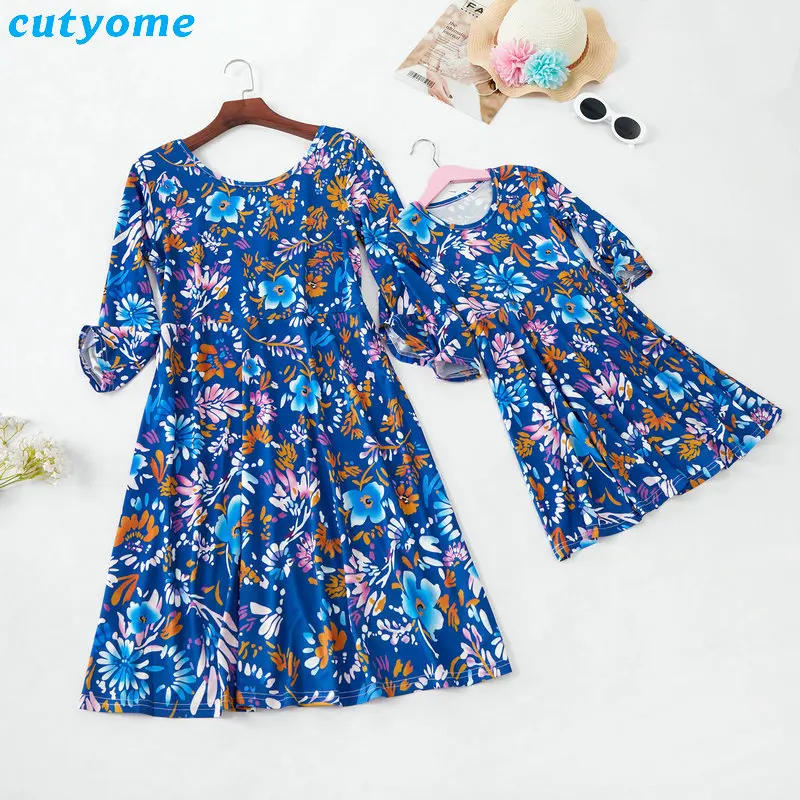 Mother Daughter Dresses Floral Print Half Sleeve Blue Dress Family Matching Outfits Mother/Mom and Daughter Dresses Clothes