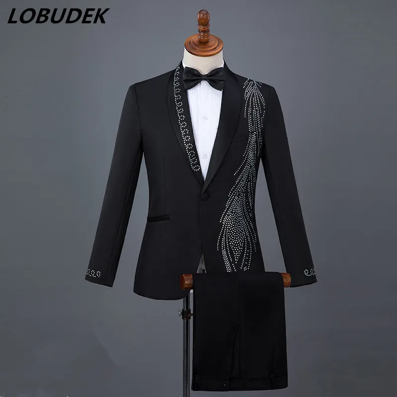 Male Crystals Slim Suits sets Flashing Diamond Blazers Singer Chorus Stage Outfit Prom Compere Master Performance Costumes