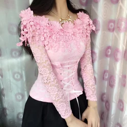 2024 New Slash Neck maniche lunghe donna Sexy Club Lace Solid Short Fashion Slim Shirts Off spalla Crop Top camicetta Slim Fit