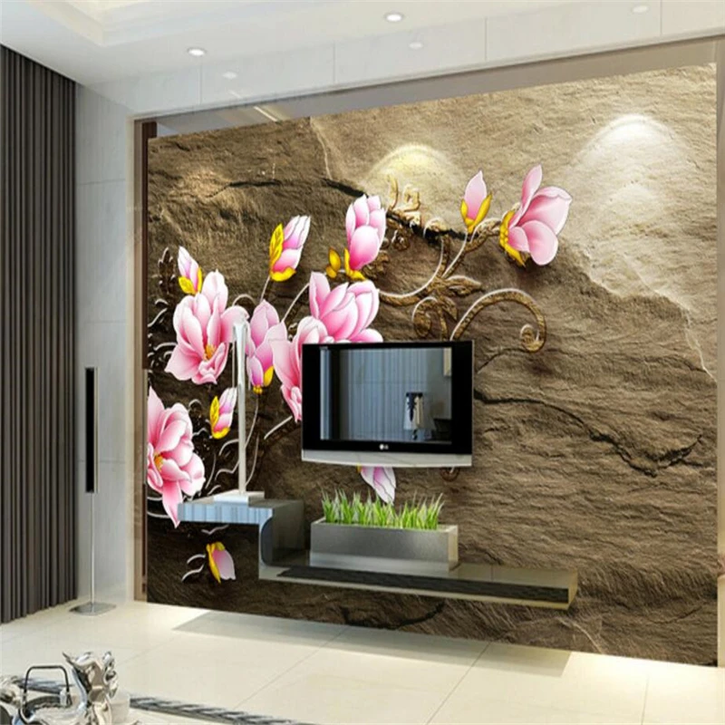 wellyu Relief Magnolia flower vine sandstone TV background wall custom large mural home decor wallpaper papel de parede