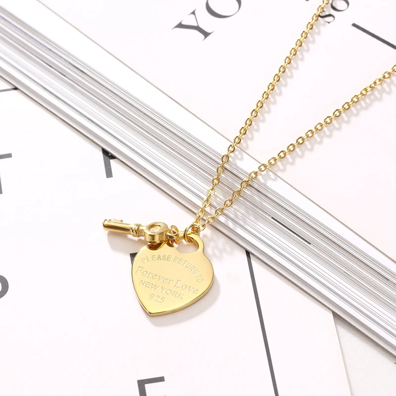 New Arrival Key And Forever Love Big Heart Necklace Pendant Stainless Steel High Quality Gold Colour Jewelry For Women Love Gift