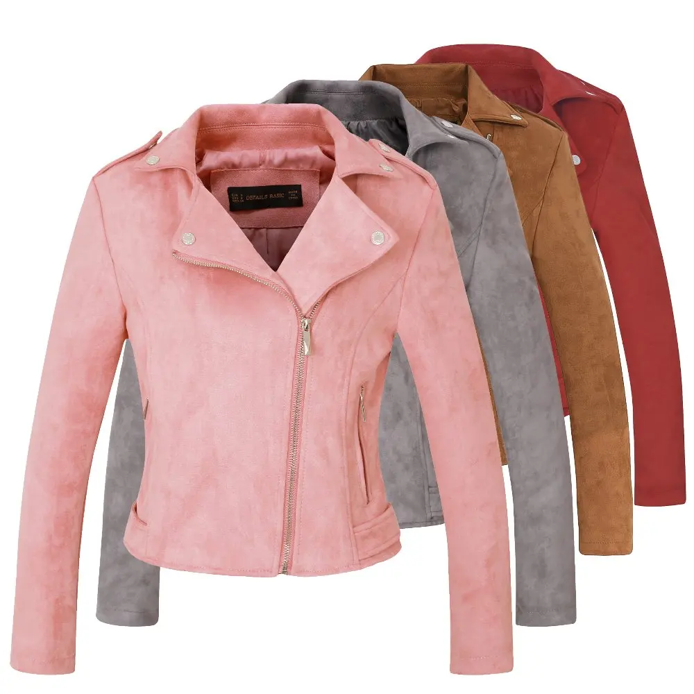 New Fashion Women suede motorcycle jacket Slim brown full lined soft faux Leather female coat veste femme cuir epaulet zipper