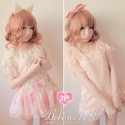 Sweet lolita princess royal pink bobon21 small ruffle strapless flock printing dot chiffon shirt t0798