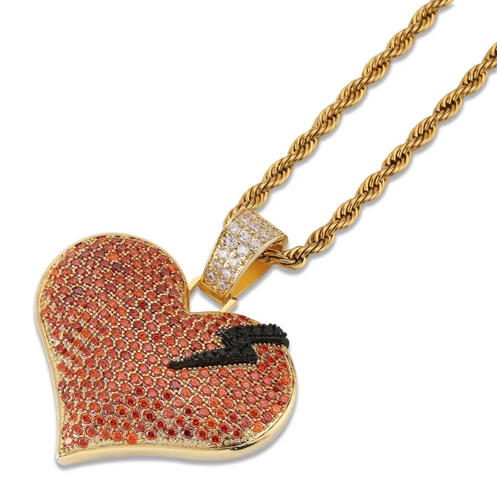 GUCY Red Broken Heart With Lightning Pendant Necklace Iced Out Bling Cubic Zirconia Charm Jewelry Hip Hop Gold Silver Color Gift