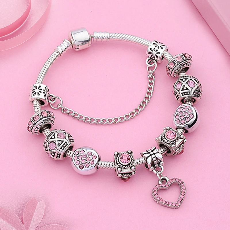 Romantic Pink Crystal Love Heart Beaded Bracelet Diy Charm Jewelry for Women Girl Gift