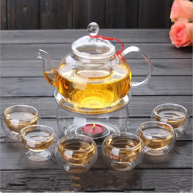 

1Set Gaiwan Tea Set With 6 Cups 600ml Glass Tea pot Hot Double Wall Made In China kettle Gift