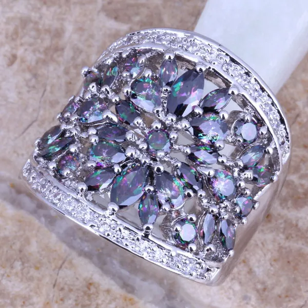 Graceful Rainbow & White CZ Silver Plated  Ring Size 6 / 7 / 8 / 9 / 10 / 11 S0217