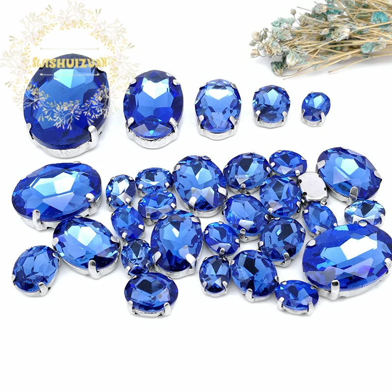 5 SIZES 30PCS ! Light Sapphire oval shape Glass Crystal sew on rhinestones with calw Diy wedding decoration