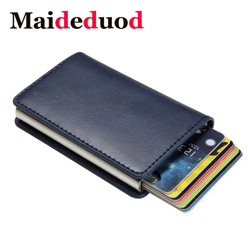 Maideduod 2019 New Men And Women Card id Holders RFID Aluminium Business Card Holder Crazy Horse PU Leather Travel Card Wallet