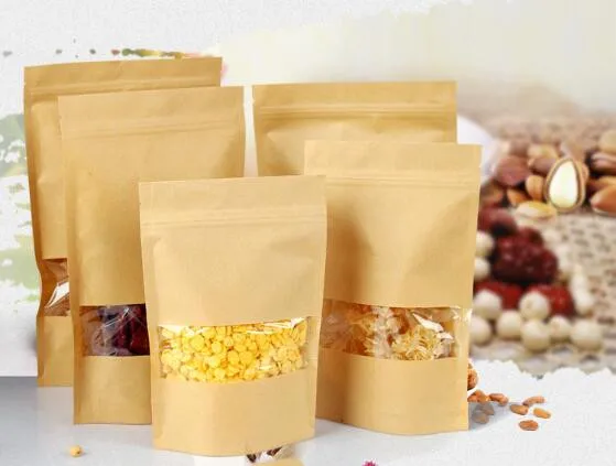 4.7''x7.9'' (12x20cm) Kraft Paper W/ Clear Window Stand Up Pack Package Bag for Food Nuts Storage Resealable Zip Lock Event Bag