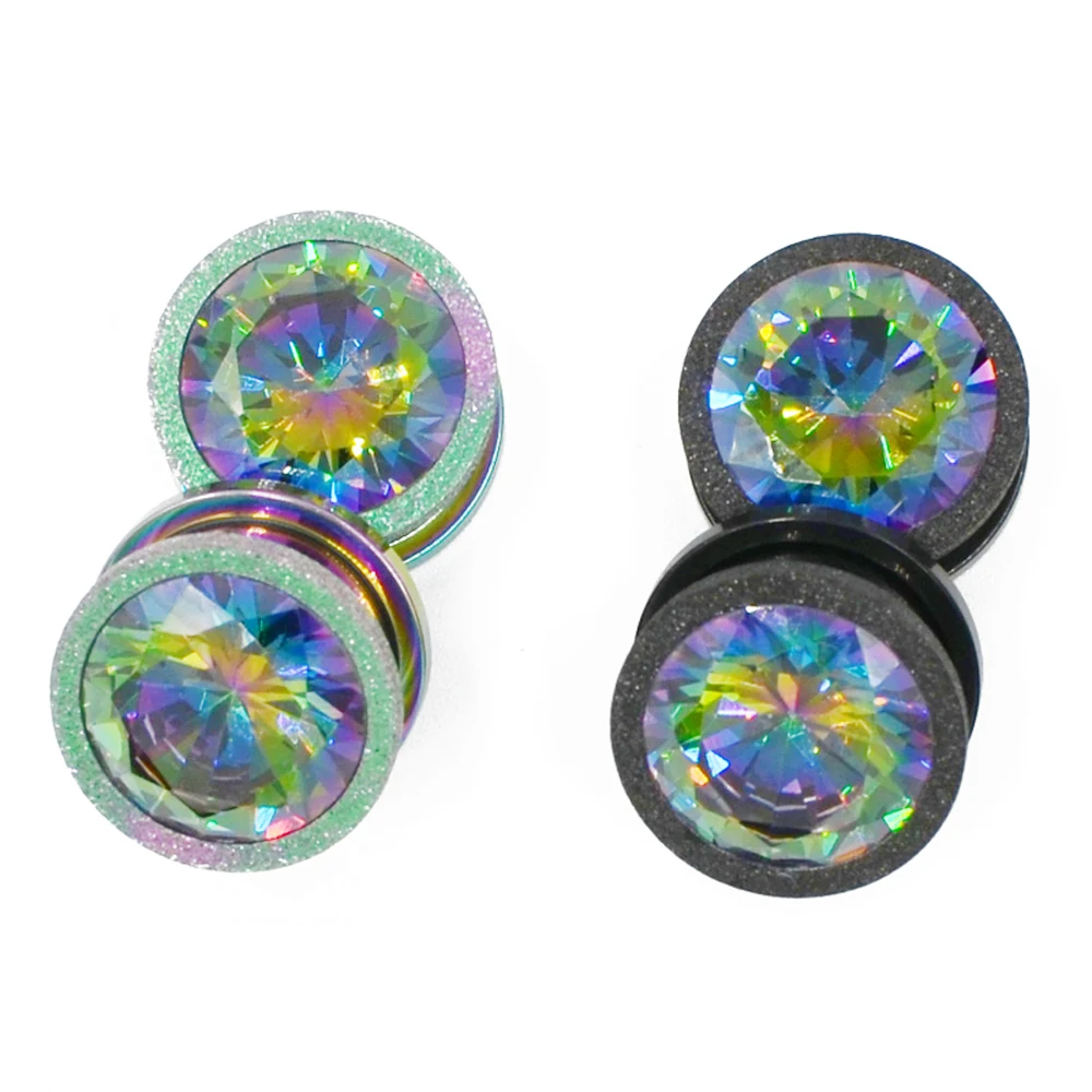 2Pcs Stainless Steel Screw Ear Plugs Tunnels Gauges Aurora Multi Colorful Zircon Grind Charming Body Jewelry Piercing Earring