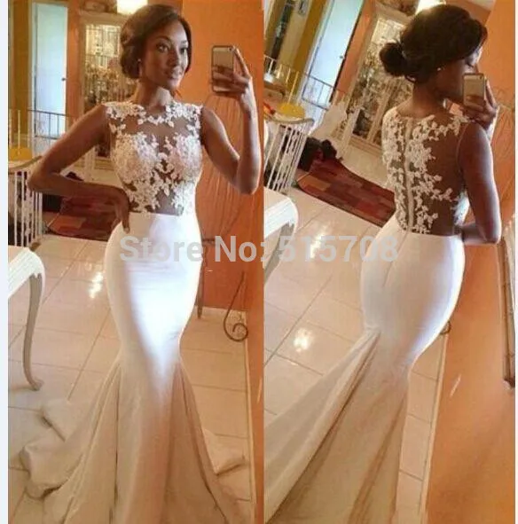 

Hot Collections Mermaid Wedding Dress Sheer Jewel Neck Sleeveless Floor Length Court See-through Applique Lace Bridal Gown