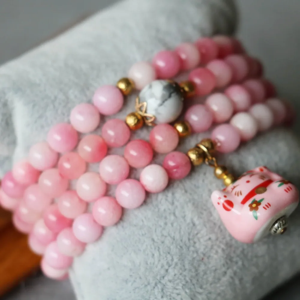 6mm Pink Chalcedony Bracelet Lucky Ceramic Cat Pendant Gold-Color Beads Jewelry Bracelet Multilayer Chain Necklace Natural Stone