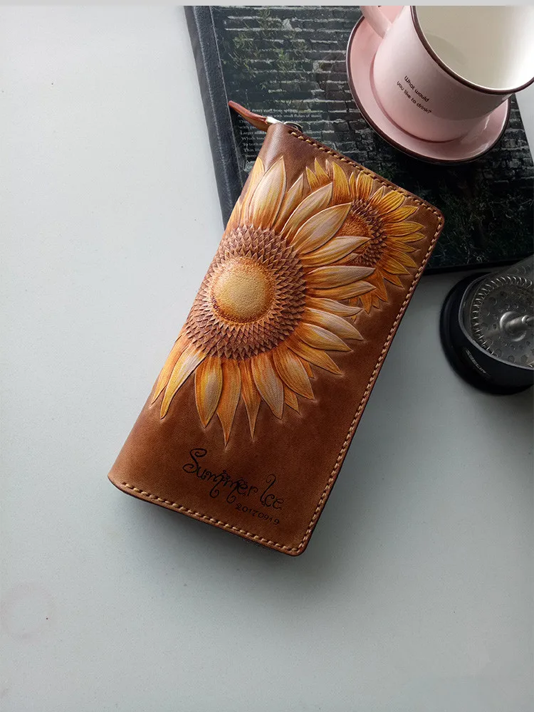 Handgemachte maßge schneiderte Brieftaschen schnitzen Honigbiene Sonnenblume Geldbörsen Frauen lange Clutch Gemüse gegerbt Leder Brieftasche erstklassige Geschenk