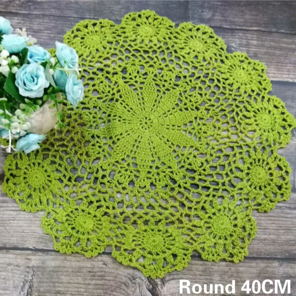 40CM Round Pastoral Green Cotton Fabric Flowers Crochet Placemat Tea Cup Table Cloth Coaster Christmas Wedding Banquet Decor Pad