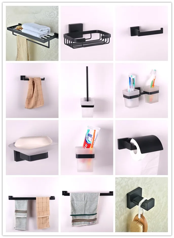 

Black Bathroom Accessory Set Towel bar rack shelf Robe hook paper holder ring Toilet brush holder Soap dish,stainless steel