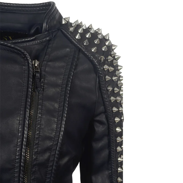 Women Leather Jacket New Spikes Stars Slim Metal Silver Rivet Metallic PU Punk Biker Coats SX01