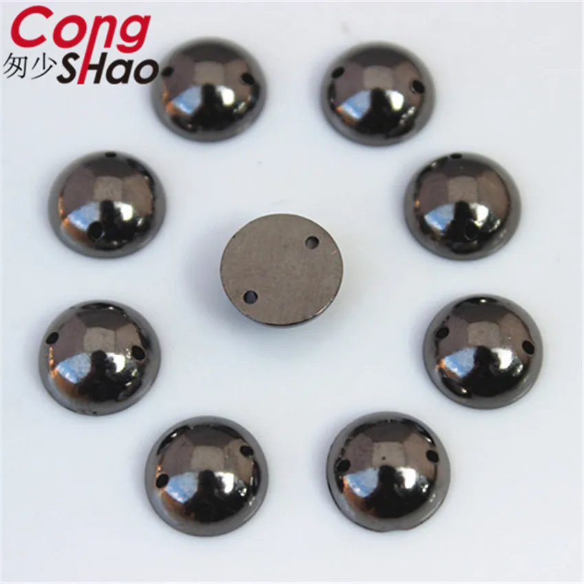 Cong Shao 100pcs 10mm Gun black stones and crystals Acrylic Round rhinestone trim flatback sewing 2 Hole DIY Wedding Dress ZZ734