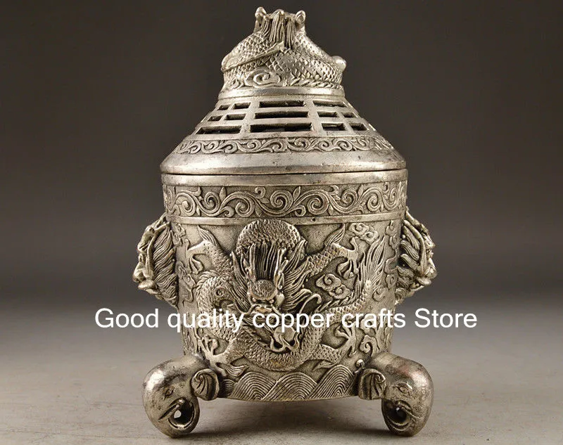 Tibet White Copper handwork Embossment Dragon Exorcism Incense Burner