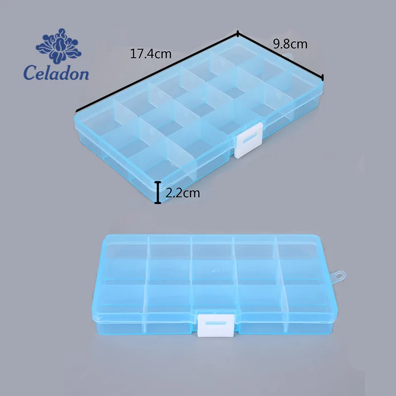 Portátil Plastic Jewelry Storage Box, 15 Grade, ajustável, transparente, anel, brinco, Beads Case, Travel Organizer, Bins, 5 cores