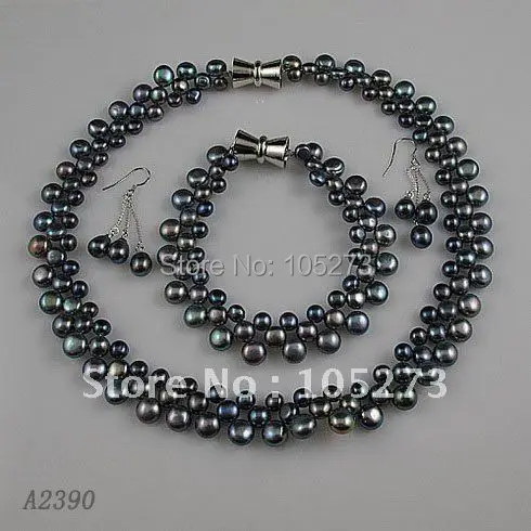 Charming!jewelry set 3rows AA 6-8MM mixes color Genuine freshwater pearl necklace bracelet earring Hot sale free shipping A2391a