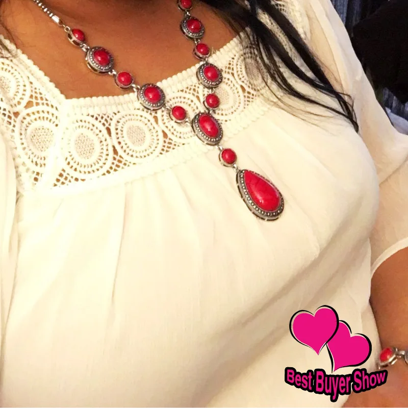 Retro Red Stone Y Necklace Tear Drop Silver Color Long Chain Y Necklace Pendant Silver Chain Necklaces jewelry nke-a098