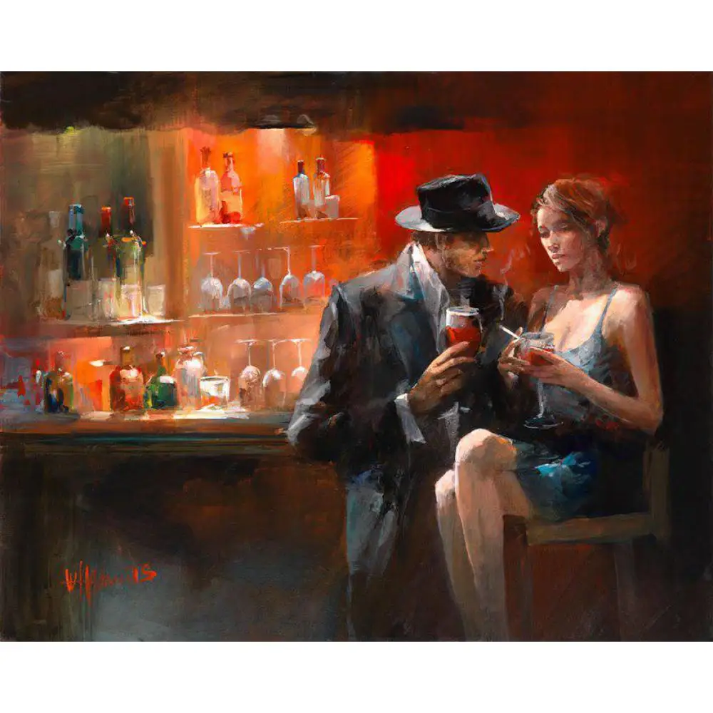 

Modern Canvas Art Handmade Figure Picture for Pub Bar Wall Decor Couple in love Romantic Artwork Cityscape High Quality