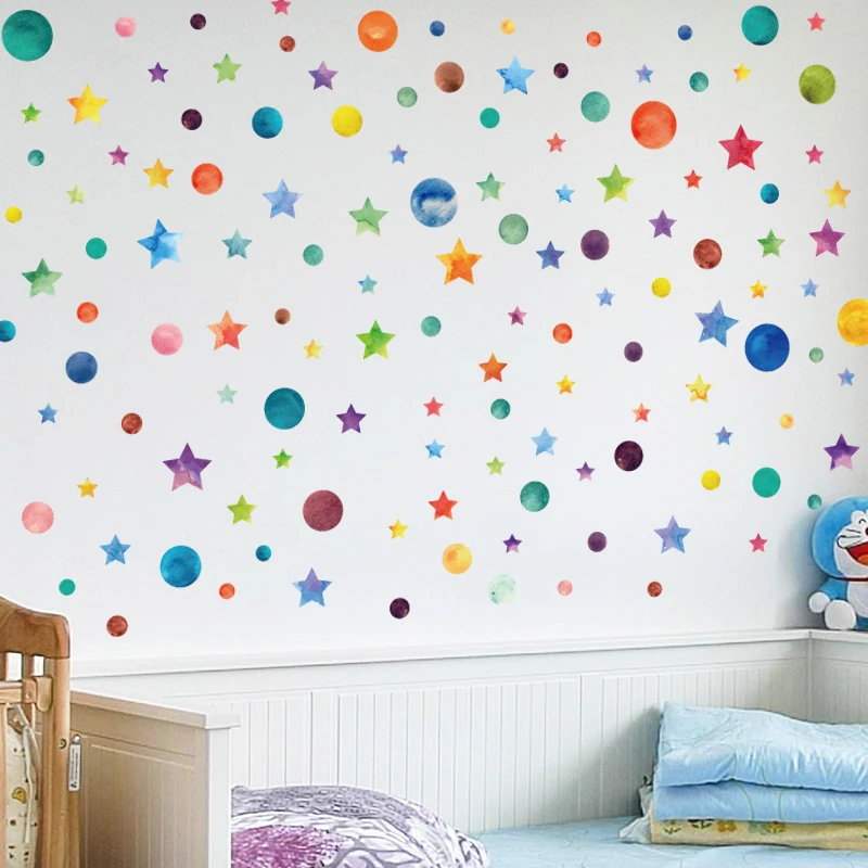 Regenbogenfarbene Punkte Stern Wandaufkleber für Kinderzimmer Kinder Wohnkultur Aufkleber Kreative abnehmbare Wohnzimmer DIY Vinyl Aufkleber