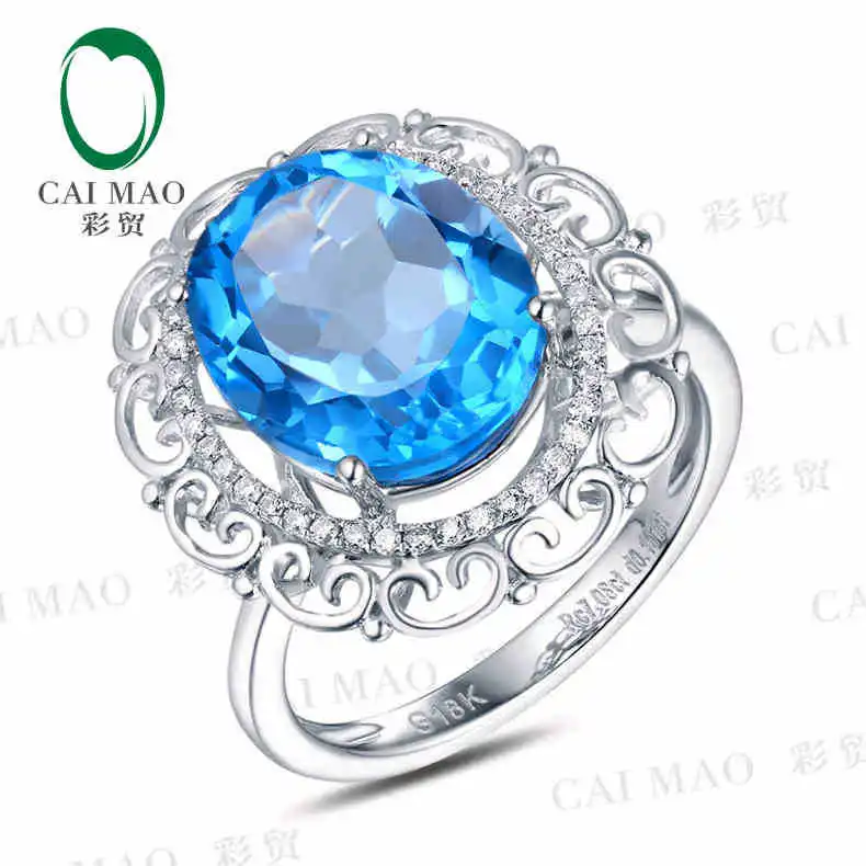 

CaiMao 18KT/750 White Gold 7.08 ct Natural Blue Topaz & 0.17 ct Full Cut Diamond Engagement Gemstone Ring Jewelry