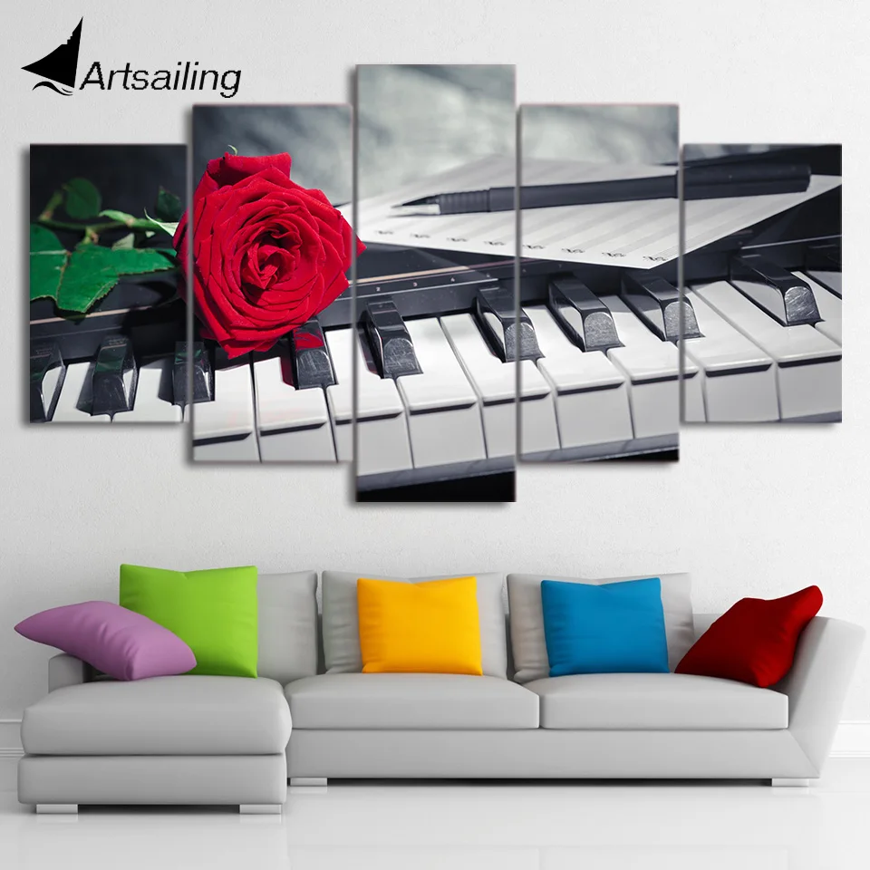 HD Printed 5 Piece Canvas Art Piano Keys Painting Rose Music Compose Wall Pictures for Living Room Modern Free Shipping CU-1636C