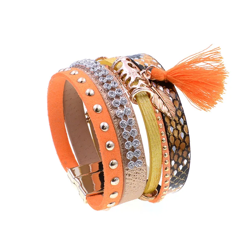 orange leather bracelet tassel leaf charm bracelets magnet buckle Bohemian bracelets&bangles for women jewelry wholesale B1630