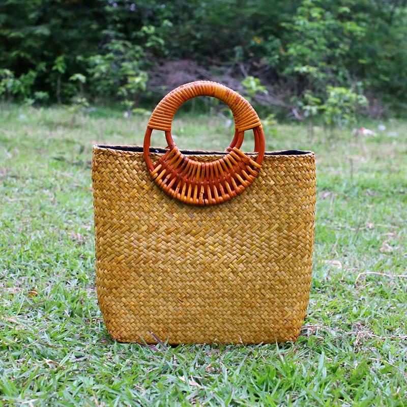 28x24CM The New Thai  Simple Handmade Straw Bag Rattan Cloth Handbag  Cotton And Linen  A4185