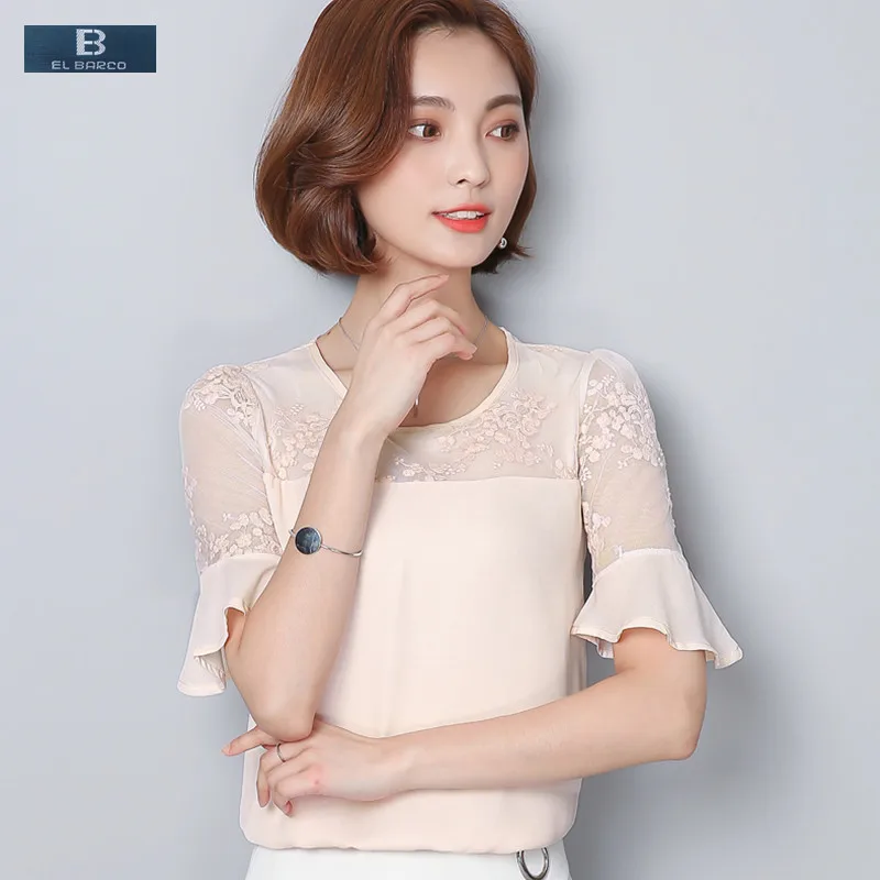 [EL BARCO] New Summer Lace Women Chiffon Blouse Shirt Short Butterfly Sleeve Floral Mesh White Female Fashion Top Clothes Blusas