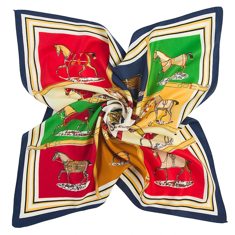 POBING Silk Square Scarf Spain Ten Horse Printed Scarves High Quality Square Foulard NeckerChief Small Bandana Lady Hijab 60CM