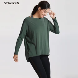 SYROKAN Women's Casual Long Sleeves Pima Cotton Workout T-shirt Sports Boat Neck Top