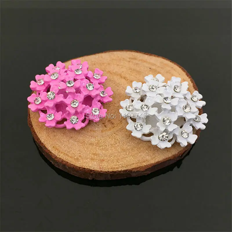 

Mini Order26mm 10 Pieces Metal Embellishment Pink White Enamel Flat Back Flower With Crystal Bouquet For DIY Jewelry Accessories