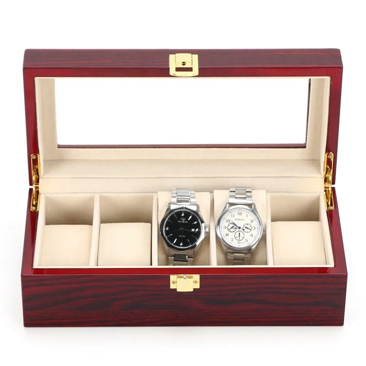 5 Slots Watch Box Organizer Red Wood Watch Storage Box Luxury Watch Holder With Glass Window Fashion Box For Watches