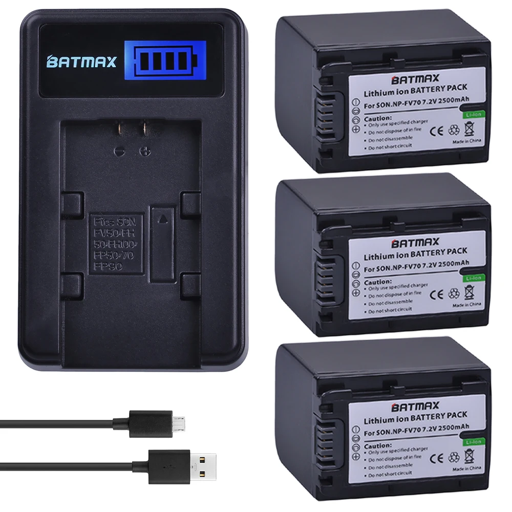 3Pc Batmax NP-FV70 NP FV70 NPFV70 Camera battery+LCD USB Charger for Sony NP-FV50 FV30 HDR-CX230 HDR-CX150E HDR-CX170 CX300