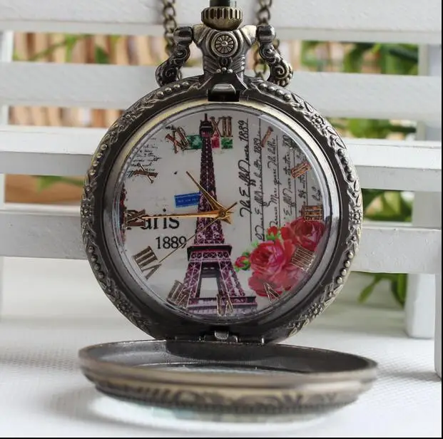 Pocket Watch Bronze Paris Roman Numeral Eiffel Tower Transparent Cover Quartz Analog Pendant Necklace Mens Womens Gifts PO258