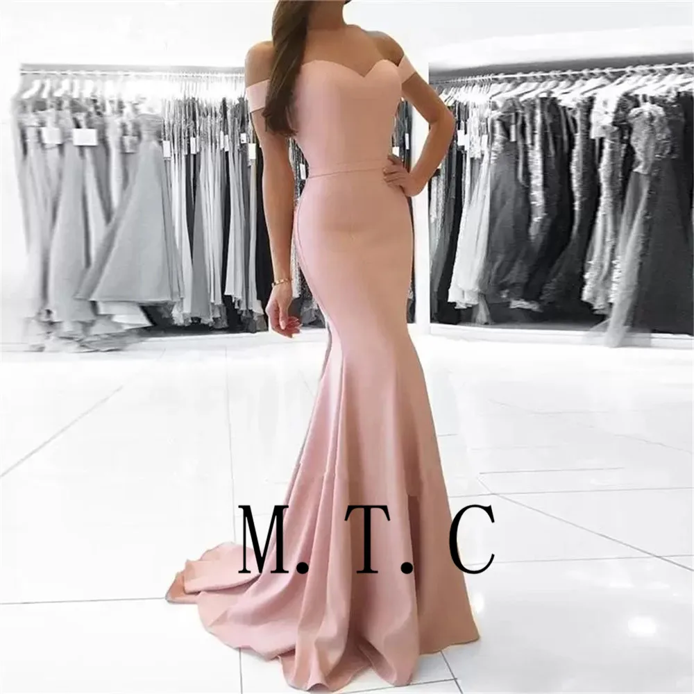 Elegant Blush Pink Party Jurk 2019 Off De Schouder Elastisch Satijn Mermaid Bruidsmeisje Jurken Goedkope Vrouwen Toga