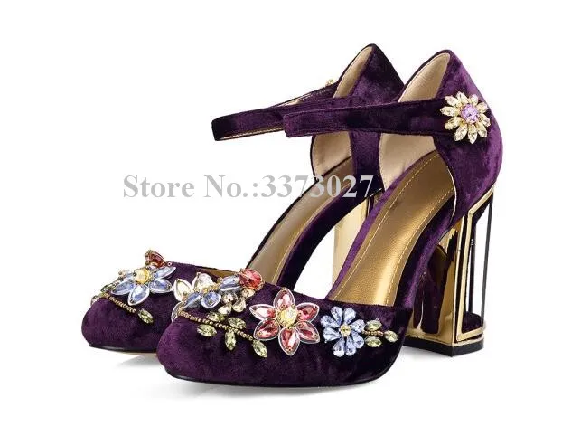 

Purple Color Velvet Flower Diamond Chunky Heels Sandals Woman Birdcage Heel Crystal Wedding Sandals Shoes Handmade High Heels